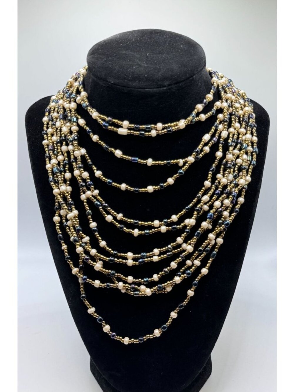 Multi-Strand Glass Seed Bead Layered Waterfall Choker Collar Necklace Boho VTG